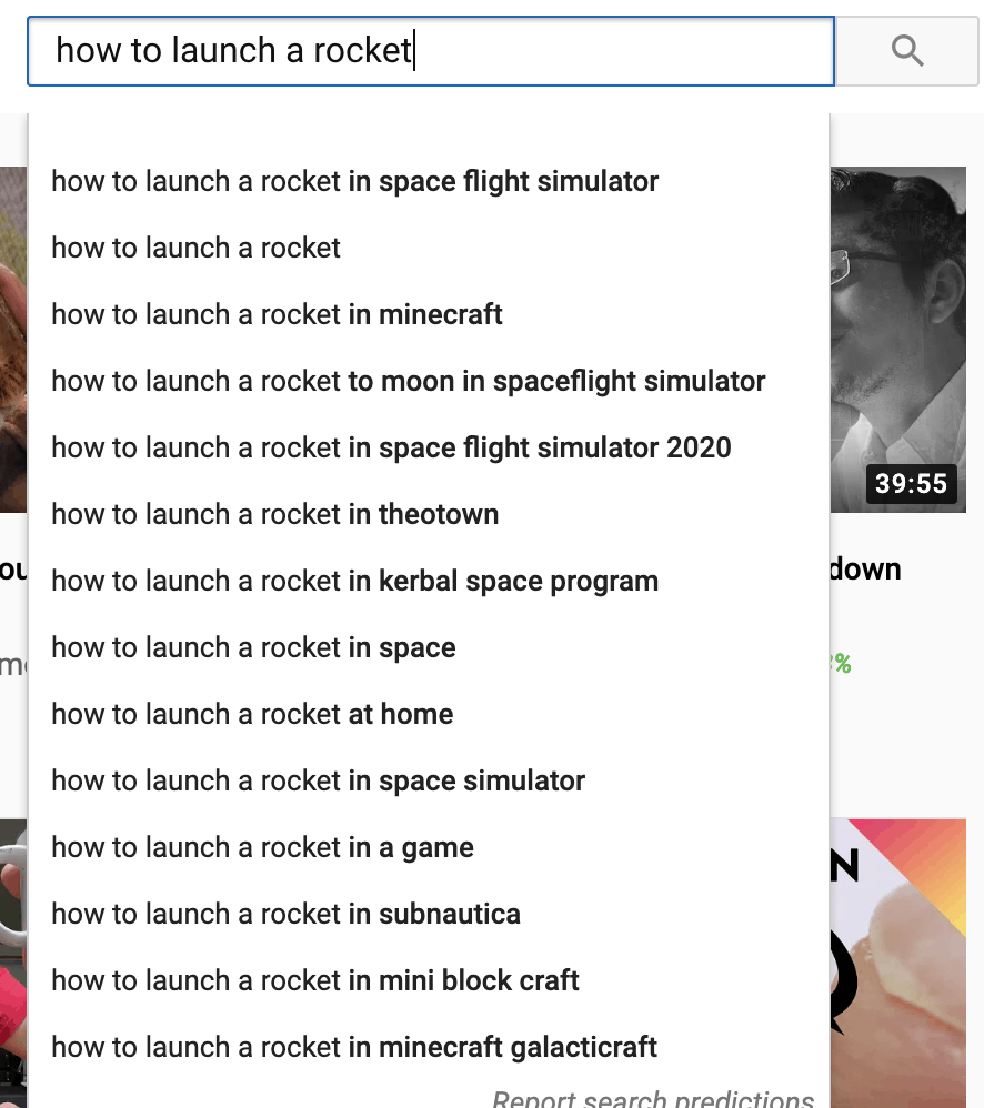 Youtube search suggestions for how to launch a rocket