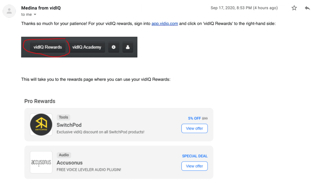 An email response from the vidIQ team