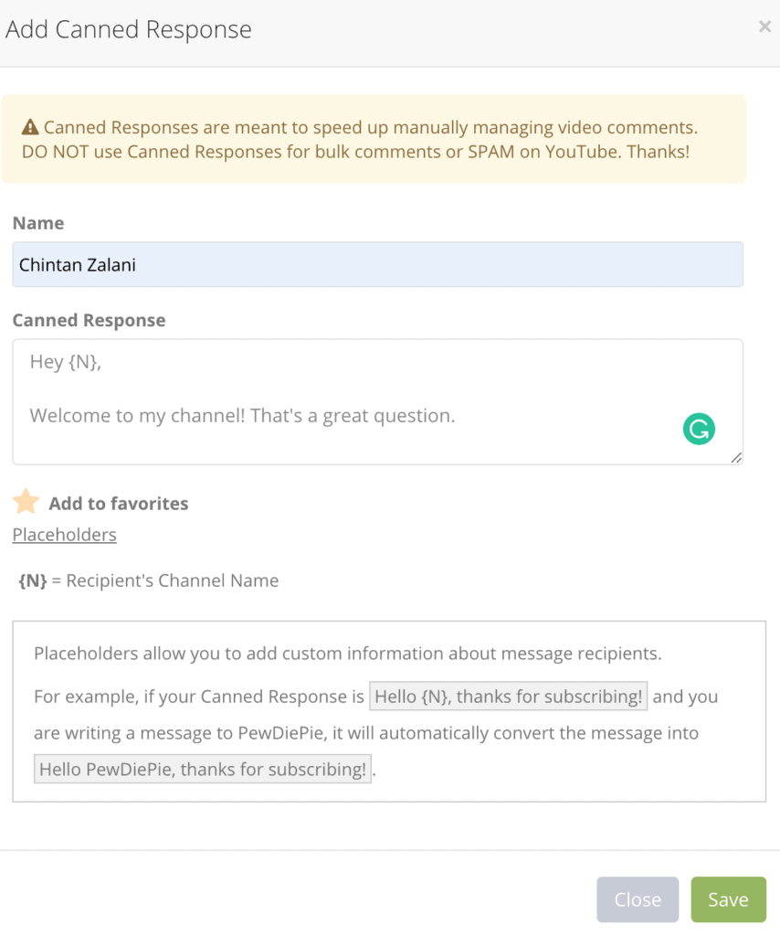 Caaned Response creation tool on Tubebuddy review