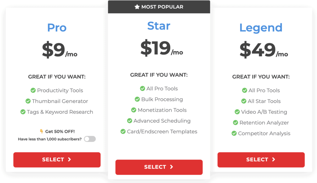 A comparison of all the plans offered by tubebuddy review