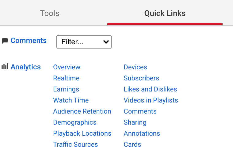 quick links option on Tubebuddy