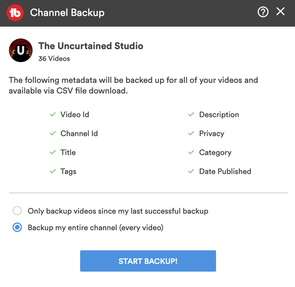 Channel Backup for Tubebuddy