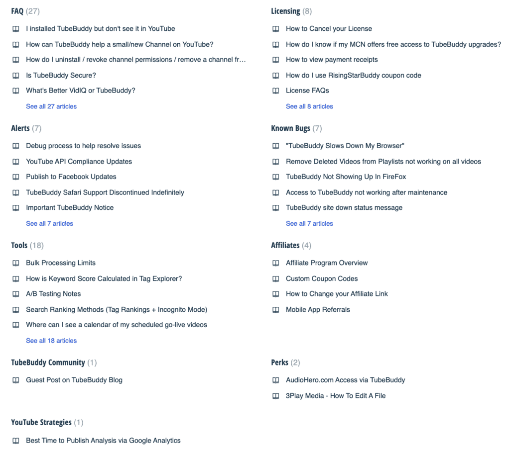 All the articles offered in the Support section on Tubebuddy review
