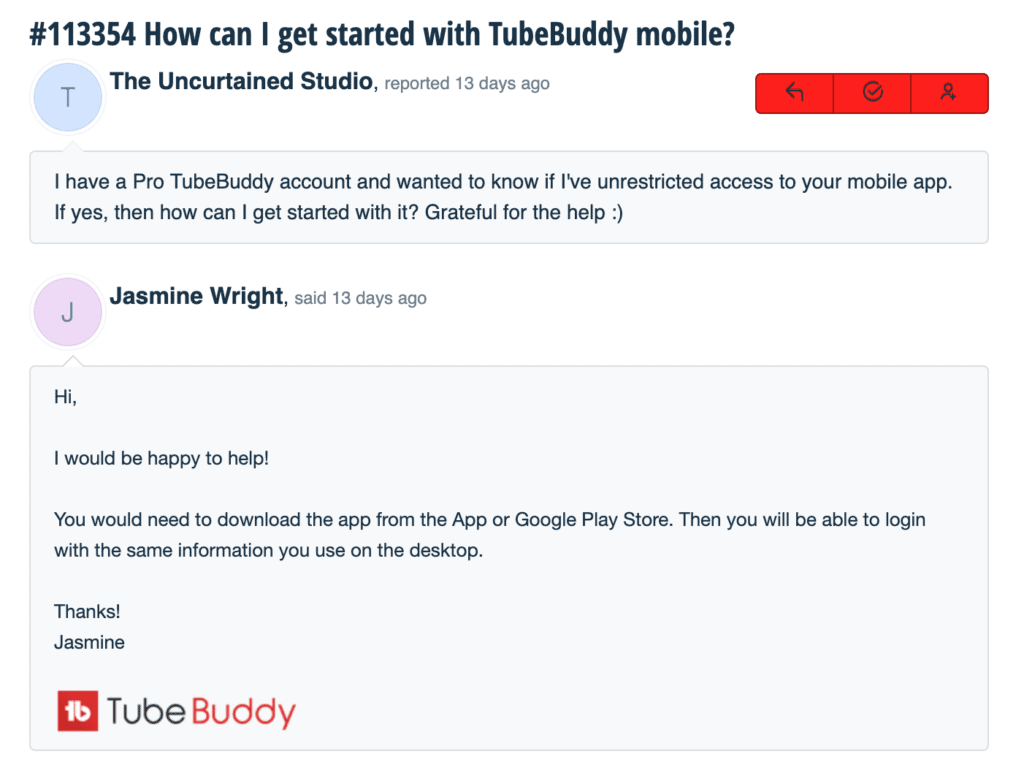 Customer Service email Tubebuddy review