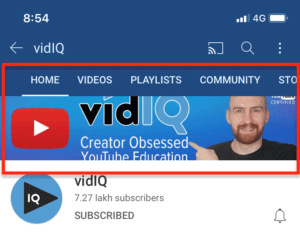 The image shows how on my mobile, the vidIQ logo and the text in the bottom line got cut from their channel art.