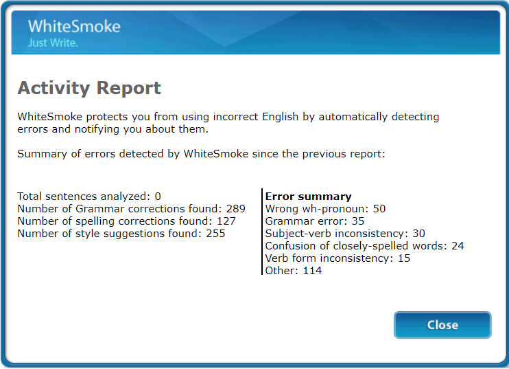 Activity Report with 289 total errors found