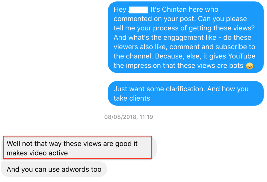 Conversation with a company from whom you can buy YouTube subscribers