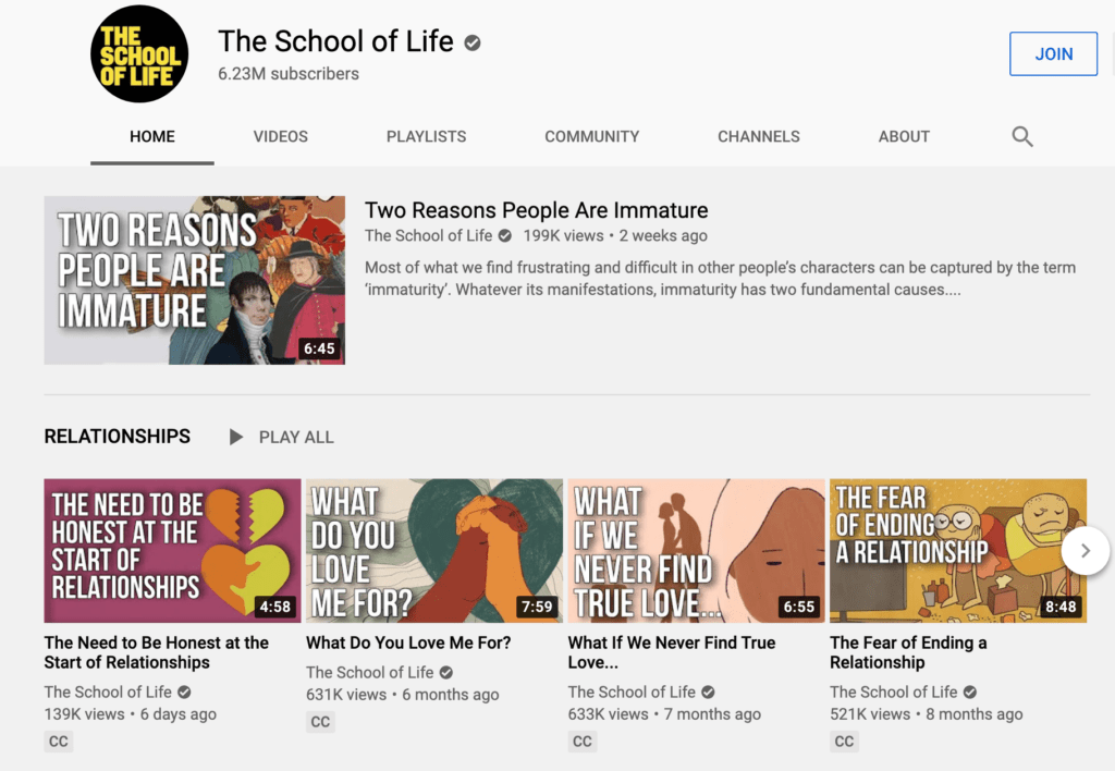 The Youtube page of the School of Life