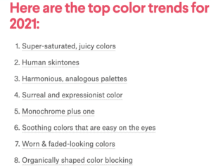 A list of the top color trends for visual content by 99Design.