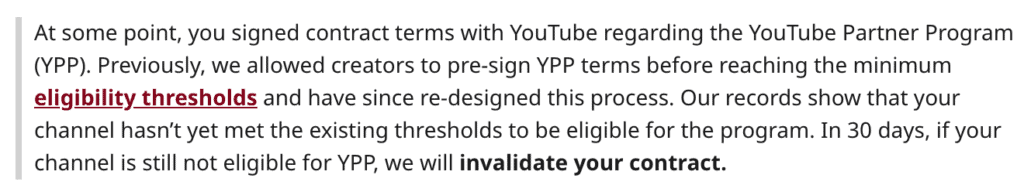 A message by a creator shared on Reddit, where YouTube informed them of invalidating their contract in 30 days if they don’t meet the expected thresholds