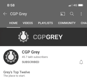 CGPGrey's banner art as shown on a mobile device, with their logo and channel name displayed on a black background.