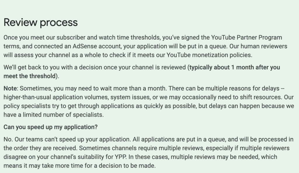 What YouTube has to say about the review process.