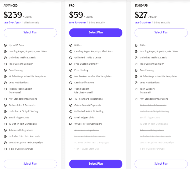 leadpages pricing table