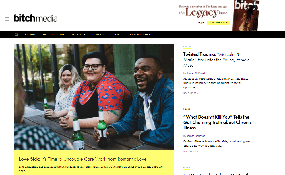 The homepage of Bitch Media
