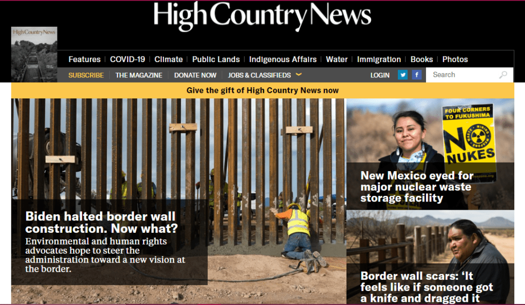 The homepage of High Country News