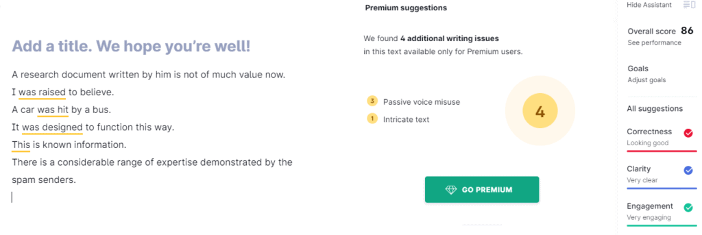 Grammarly's suggestions for Passive Voice Checker