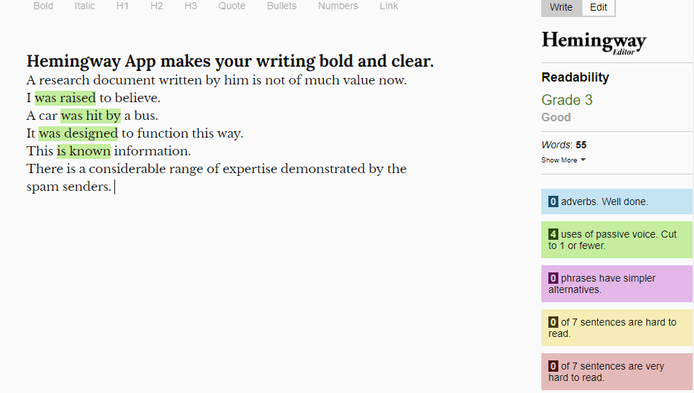 Hemmingway App's suggestions for Passive Voice Checker