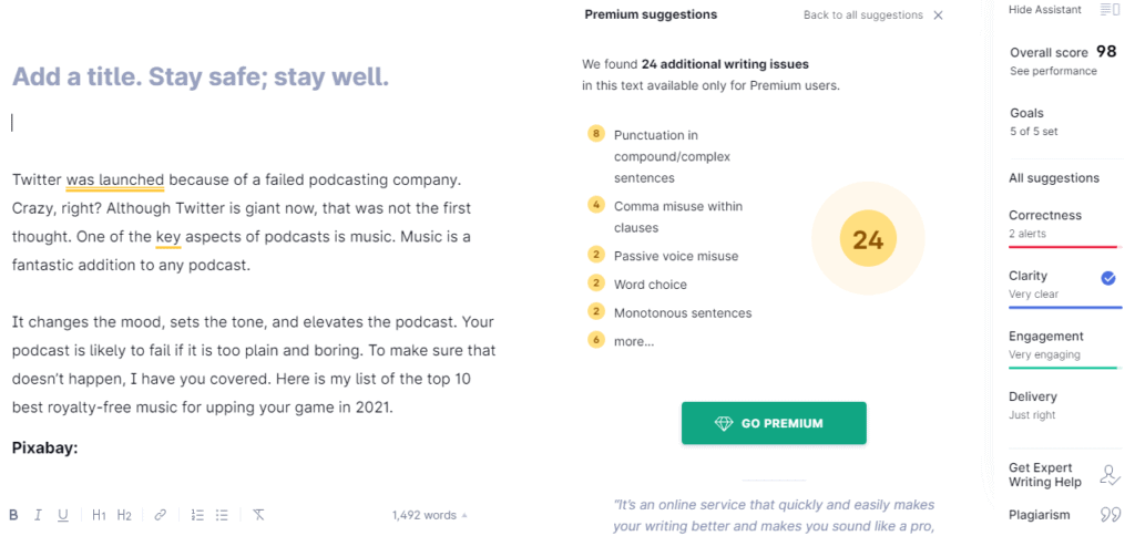 Grammarly's interface for Spell Check Online