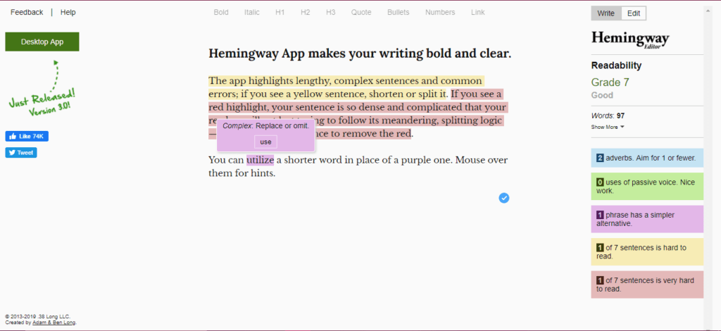 Hemmingway Editor's Interface